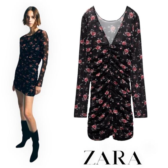 ZARA | Red & Black | FLORAL PRINT TULLE MINI DRESS - Picture 1 of 15
